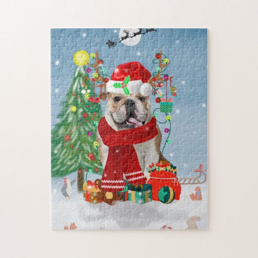 Engelse Bulldog in Snow met kerstcadeaus Legpuzzel (Verticaal)