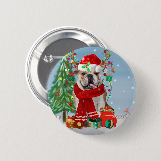 Engelse Bulldog in Snow met kerstcadeaus Ronde Button 5,7 Cm (Voorkant /achterkant)
