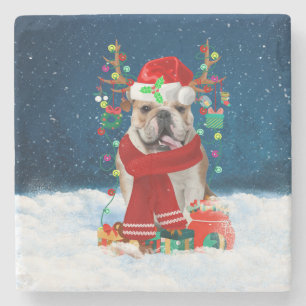Engelse Bulldog in Snow met kerstcadeaus Stenen Onderzetter
