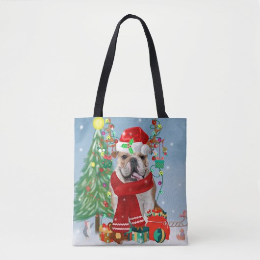 Engelse Bulldog in Snow met kerstcadeaus Tote Bag (Voorkant)