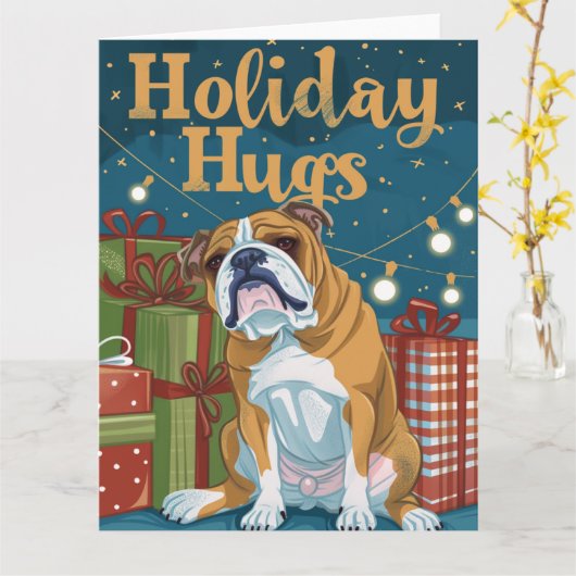 Engelse Bulldog Kerst Knuffels Lichtjes Kaart (Gele Bloem)