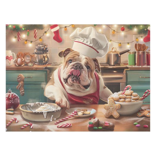 Engelse Bulldog Kerstbak: Festieve Kerstmis Tafelkleed (Voorkant (Horizontaal))