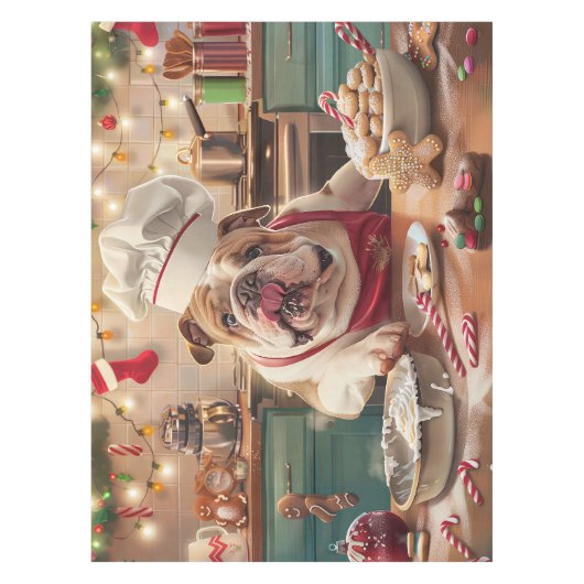 Engelse Bulldog Kerstbak: Festieve Kerstmis Tafelkleed (Voorkant)