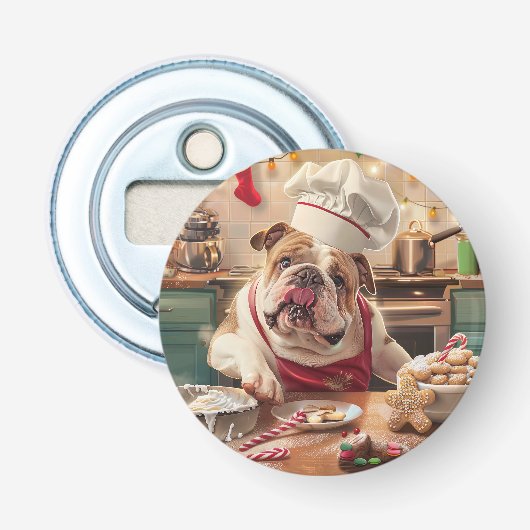 Engelse Bulldog Kerstbakken: Festive Kerstmis Button Flesopener (Voorkant)
