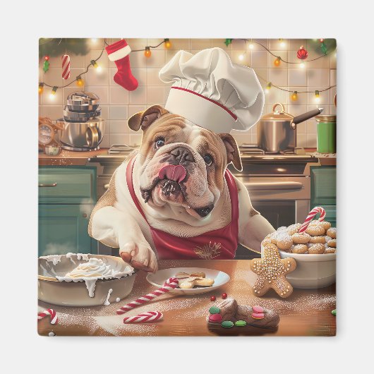 Engelse Bulldog Kerstbakken: Festive Kerstmis Magneet (Voorkant)