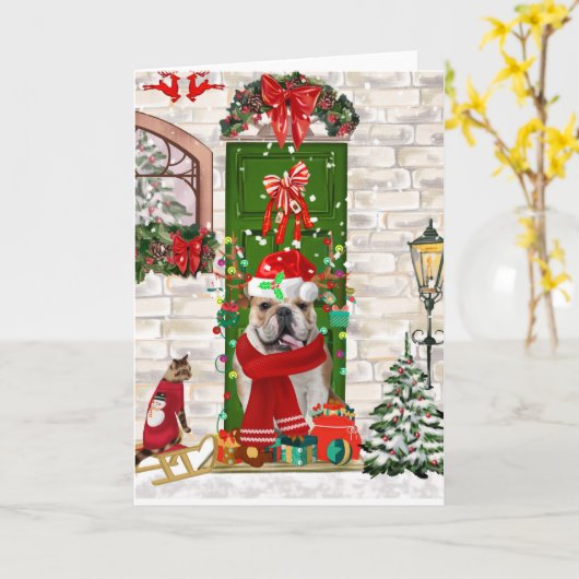 Engelse Bulldog Kerstmis   Kaart (Gele Bloem)