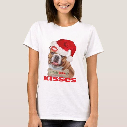 Engelse Bulldog Kisses voor kerstkleding T-shirt (Voorkant)