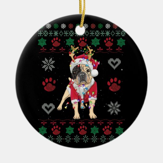 Engelse Bulldog Lights Santa Ugly Kerstmis Keramisch Ornament (Voorkant)