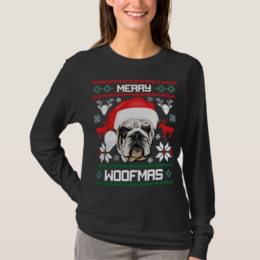 Engelse Bulldog Merry Woofmas Kerstmis T-shirt (Voorkant)