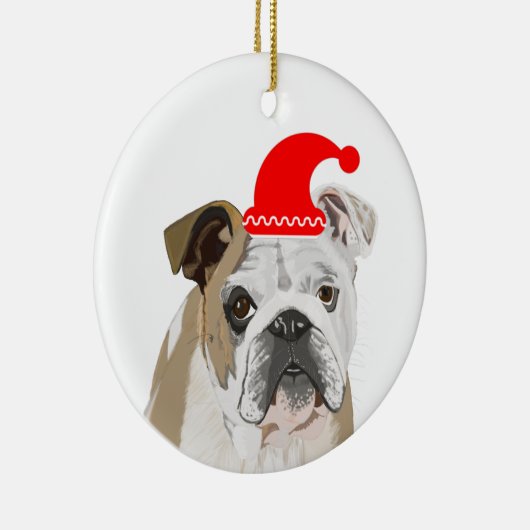 Engelse Bulldog Met een rode kersthat Keramisch Ornament (Rechts)