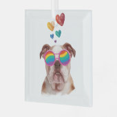 Engelse Bulldog met Hearts Valentijnsdag Glas Ornament (Voorkant links)