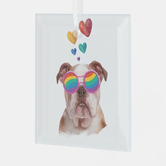 Engelse Bulldog met Hearts Valentijnsdag Glas Ornament (Voorkant links)