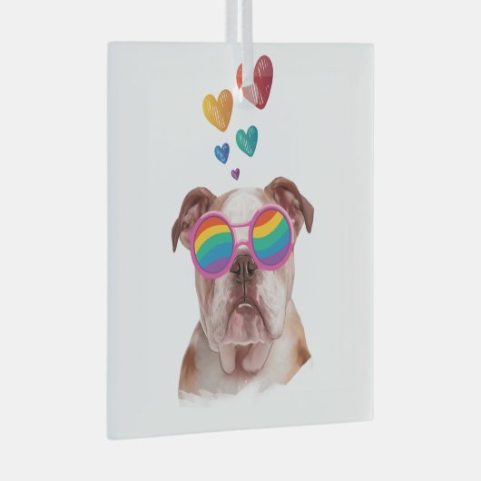 Engelse Bulldog met Hearts Valentijnsdag Glas Ornament (Voorkant Rechts)