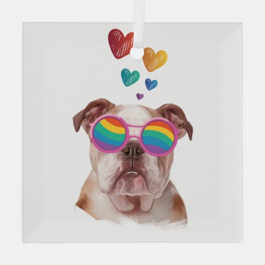 Engelse Bulldog met Hearts Valentijnsdag Glas Ornament (Achterkant)