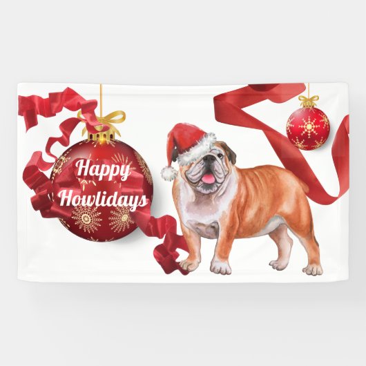 Engelse bulldog met kerstboomballen voor pet B Spandoek (Horizontaal)