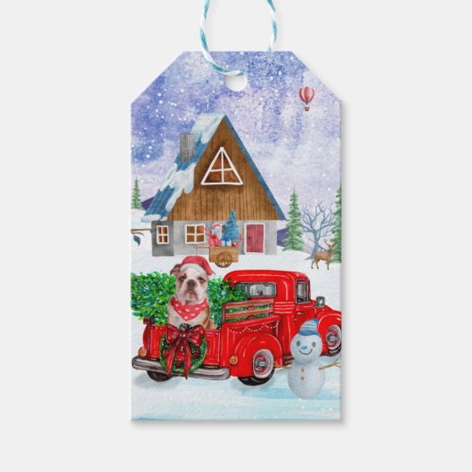 Engelse Bulldog met kerstcadeau Truck Snow Cadeaulabel (Voorkant)