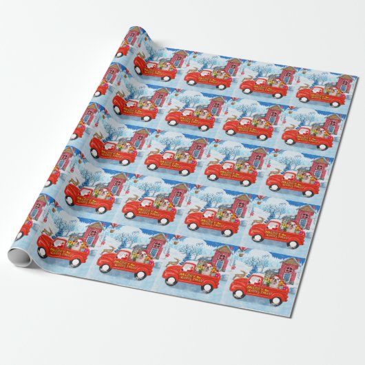 Engelse Bulldog met kerstcadeau Truck Snow Cadeaupapier (Uitgerold)