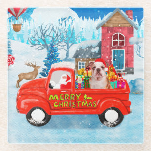 Engelse Bulldog met kerstcadeau Truck Snow Glazen Onderzetter
