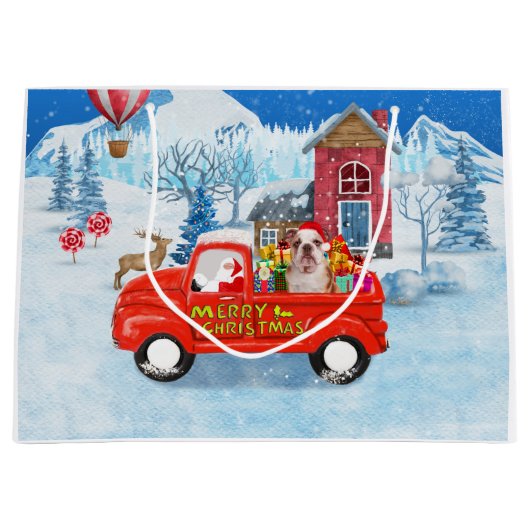 Engelse Bulldog met kerstcadeau Truck Snow Groot Cadeauzakje (Voorkant)