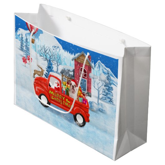 Engelse Bulldog met kerstcadeau Truck Snow Groot Cadeauzakje (Voorkant Gekanteld)