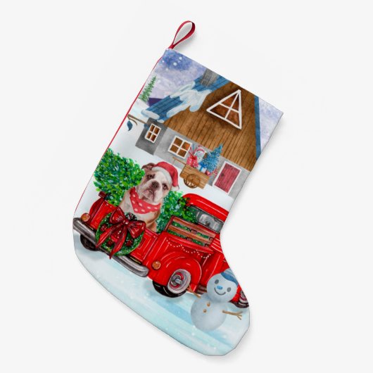 Engelse Bulldog met kerstcadeau Truck Snow Kleine Kerstsok (Voorkant (Hangend))