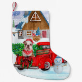 Engelse Bulldog met kerstcadeau Truck Snow Kleine Kerstsok (Voorkant)