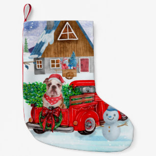 Engelse Bulldog met kerstcadeau Truck Snow Kleine Kerstsok