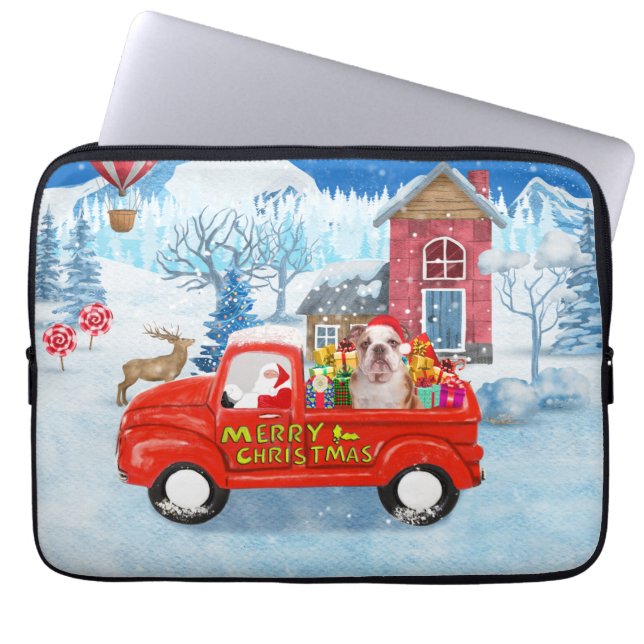 Engelse Bulldog met kerstcadeau Truck Snow Laptop Sleeve (Voorkant)