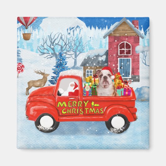 Engelse Bulldog met kerstcadeau Truck Snow Magneet (Voorkant)
