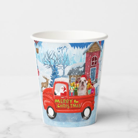 Engelse Bulldog met kerstcadeau Truck Snow Papieren Bekers (Achterkant)