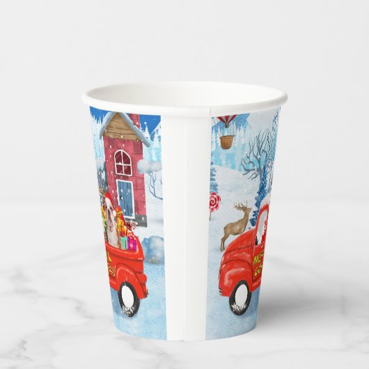 Engelse Bulldog met kerstcadeau Truck Snow Papieren Bekers (Rechts)