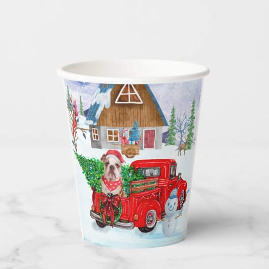 Engelse Bulldog met kerstcadeau Truck Snow Papieren Bekers (Voorkant)