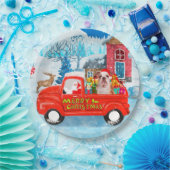 Engelse Bulldog met kerstcadeau Truck Snow Papieren Bordje (Feest)