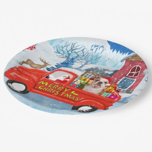 Engelse Bulldog met kerstcadeau Truck Snow Papieren Bordje (Gekanteld)