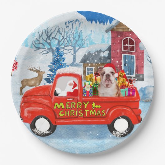 Engelse Bulldog met kerstcadeau Truck Snow Papieren Bordje (Voorkant)
