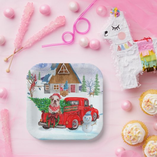 Engelse Bulldog met kerstcadeau Truck Snow Papieren Bordje (Feest)