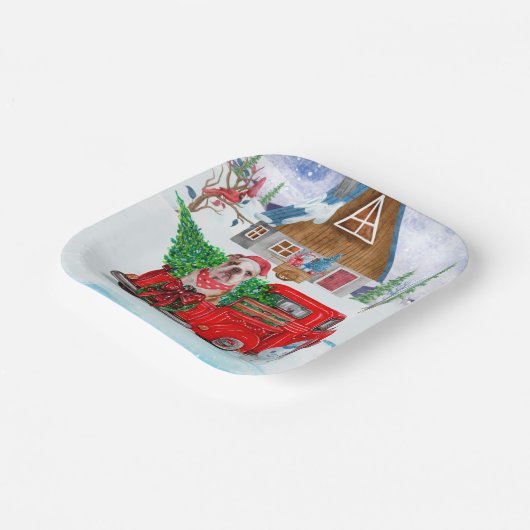 Engelse Bulldog met kerstcadeau Truck Snow Papieren Bordje (Gebogen)