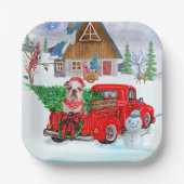 Engelse Bulldog met kerstcadeau Truck Snow Papieren Bordje (Voorkant)