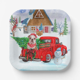 Engelse Bulldog met kerstcadeau Truck Snow Papieren Bordje