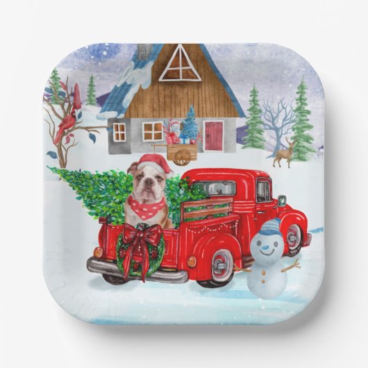 Engelse Bulldog met kerstcadeau Truck Snow Papieren Bordje (Voorkant)