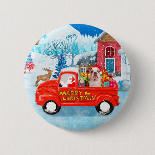 Engelse Bulldog met kerstcadeau Truck Snow Ronde Button 5,7 Cm