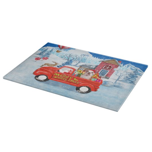 Engelse Bulldog met kerstcadeau Truck Snow Snijplank (Hoek)