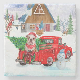 Engelse Bulldog met kerstcadeau Truck Snow Stenen Onderzetter