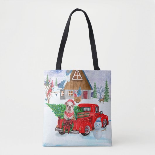 Engelse Bulldog met kerstcadeau Truck Snow Tote Bag (Voorkant)