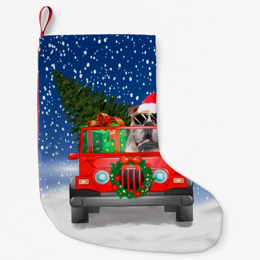 Engelse Bulldog met kerstcadeaus Kleine Kerstsok (Voorkant)