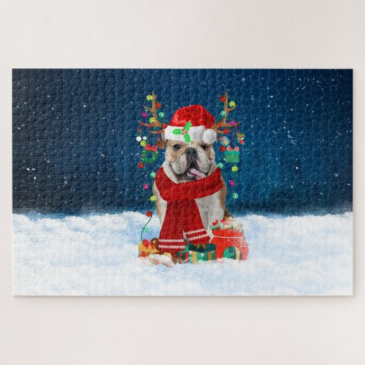 Engelse Bulldog met kerstcadeaus Legpuzzel (Horizontaal)