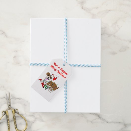Engelse Bulldog Met Kerstverlichting  Cadeaulabel (Met Touw)