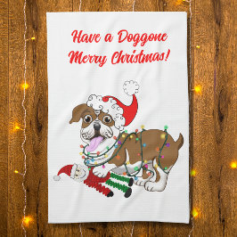 Engelse Bulldog Met Kerstverlichting Lange Schort Theedoek