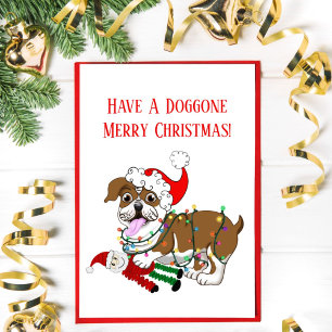 Engelse Bulldog Met Kerstverlichting Prettig Kerst Feestdagen Kaart