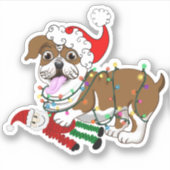 Engelse Bulldog Met Kerstverlichting Prettig Kerst Sticker (Voorkant)